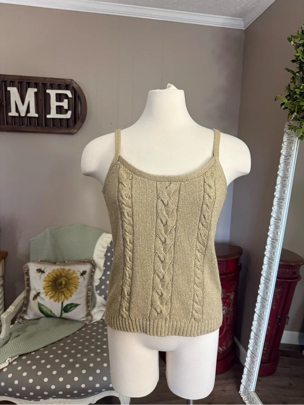 Michael Kors Gold Metallic Cable Knit Sweater Tank & Cropped Cardigan Set